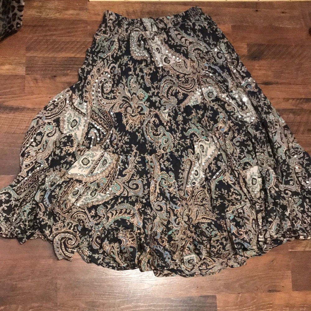 Vintage Black Paisley Tiered Boho Sequin Maxi Skirt Made in India Cotton